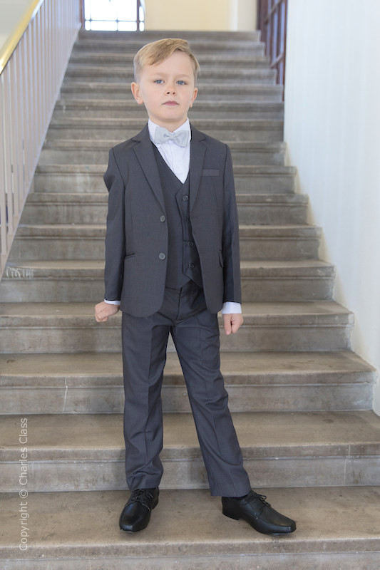 Boys Mid Grey Wedding Suit with Silver Dickie Bow | Charles Class